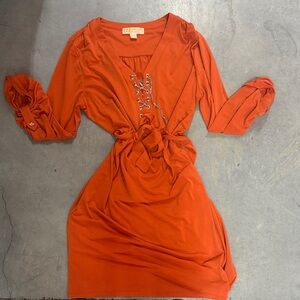 Michael Kors Rust Orange Lace-Up Tie Waist Long Sleeve Dress